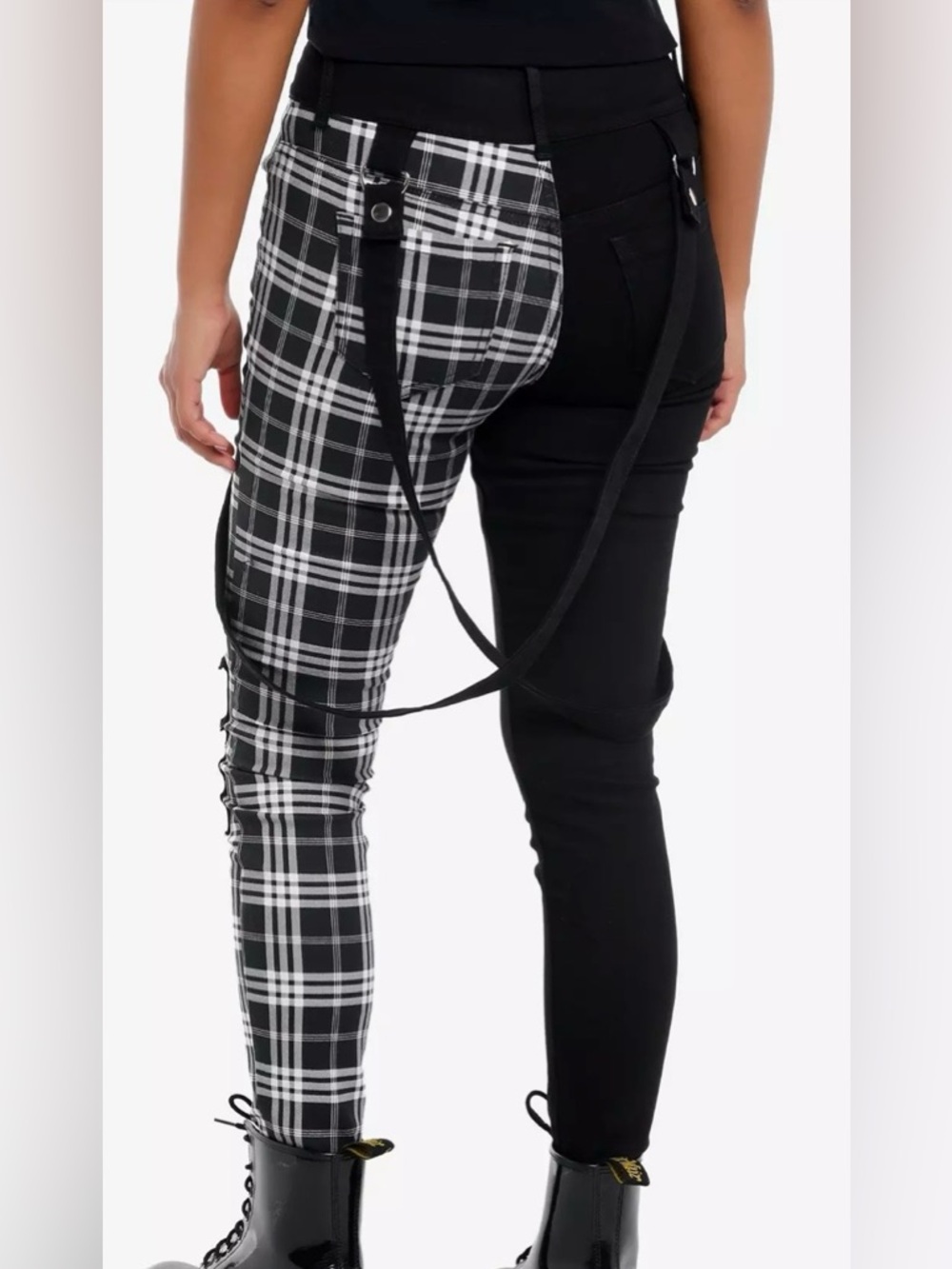 Hot Topic Black and White Plaid Skinny Jeans with Harness Straps - Picture 2 of 6